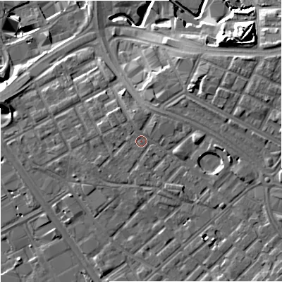 Shaded relief map of the ground around M139UG, computed from Environment Agency LiDAR. The ground here sits at about 40 m above sea level and falls 18 m across the surrounding 800 m. Surface water reaching this point runs off ground lying to the north-east, 1.1 m higher.