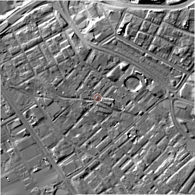 Shaded relief map of the ground around M139UL, computed from Environment Agency LiDAR. The ground here sits at about 40 m above sea level and falls 11 m across the surrounding 800 m. Surface water reaching this point runs off ground lying to the north-east, 4.2 m higher.