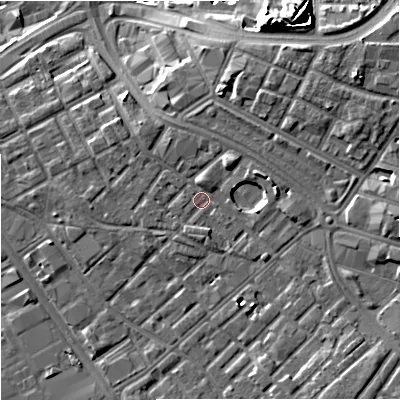 Shaded relief map of the ground around M139UP, computed from Environment Agency LiDAR. The ground here sits at about 40 m above sea level and falls 17 m across the surrounding 800 m. Surface water reaching this point runs off ground lying to the north-east, 5.5 m higher.