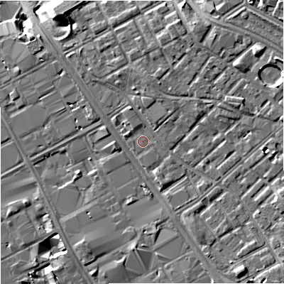 Shaded relief map of the ground around M139WS, computed from Environment Agency LiDAR. The ground here sits at about 39 m above sea level and falls 10 m across the surrounding 800 m. Surface water reaching this point runs off ground lying to the north-east, 3.8 m higher.
