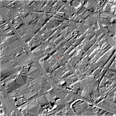 Shaded relief map of the ground around M139XQ, computed from Environment Agency LiDAR. The ground here sits at about 39 m above sea level and falls 10 m across the surrounding 800 m. Surface water reaching this point runs off ground lying to the east, 4.0 m higher.