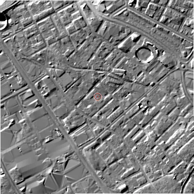 Shaded relief map of the ground around M139XT, computed from Environment Agency LiDAR. The ground here sits at about 39 m above sea level and falls 8 m across the surrounding 800 m. Surface water reaching this point runs off ground lying to the east-north-east, 2.3 m higher.