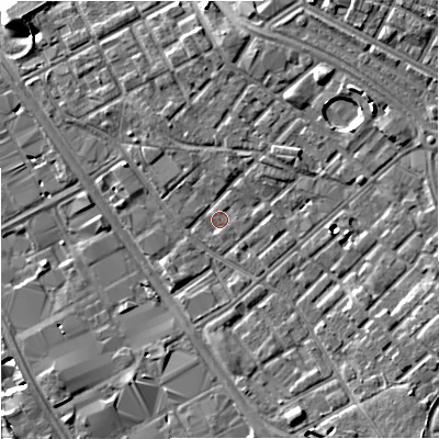 Shaded relief map of the ground around M139XZ, computed from Environment Agency LiDAR. The ground here sits at about 39 m above sea level and falls 8 m across the surrounding 800 m. Surface water reaching this point runs off ground lying to the north-east, 3.8 m higher.