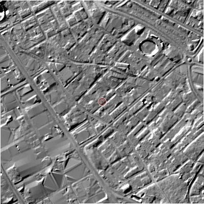 Shaded relief map of the ground around M139YG, computed from Environment Agency LiDAR. The ground here sits at about 39 m above sea level and falls 8 m across the surrounding 800 m. Surface water reaching this point runs off ground lying to the east, 0.9 m higher.