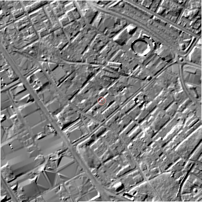 Shaded relief map of the ground around M139YN, computed from Environment Agency LiDAR. The ground here sits at about 39 m above sea level and falls 6 m across the surrounding 800 m. Surface water reaching this point runs off ground lying to the east-north-east, 0.9 m higher.