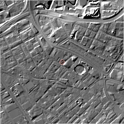 Shaded relief map of the ground around M139YP, computed from Environment Agency LiDAR. The ground here sits at about 40 m above sea level and falls 17 m across the surrounding 800 m. Surface water reaching this point runs off ground lying to the east-south-east, 4.6 m higher.