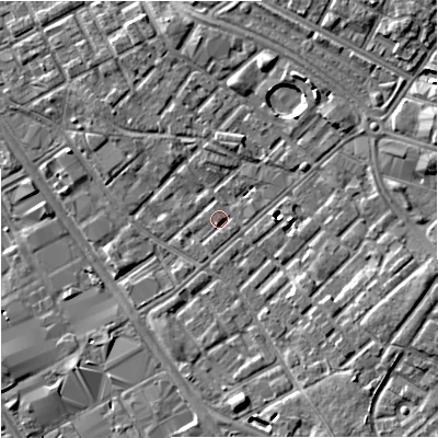 Shaded relief map of the ground around M139YX, computed from Environment Agency LiDAR. The ground here sits at about 40 m above sea level and falls 6 m across the surrounding 800 m. Surface water reaching this point runs off ground lying to the east-north-east, 1.4 m higher.