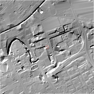 Shaded relief map of the ground around M13BB, computed from Environment Agency LiDAR. The ground here sits at about 36 m above sea level and falls 16 m across the surrounding 800 m. Surface water reaching this point runs off ground lying to the south-south-east, 14.3 m higher.