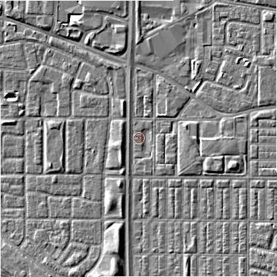 Shaded relief map of the ground around M144BG, computed from Environment Agency LiDAR. The ground here sits at about 33 m above sea level and falls 6 m across the surrounding 800 m. Surface water reaching this point runs off ground lying to the north-east, 3.0 m higher.