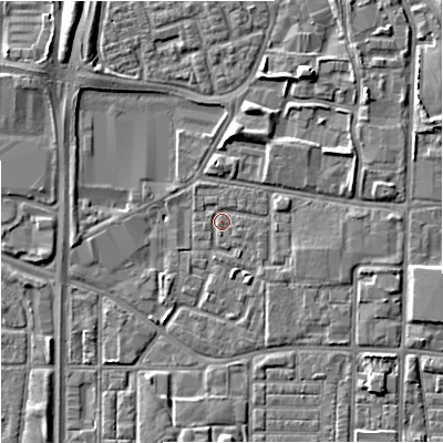 Shaded relief map of the ground around M144GG, computed from Environment Agency LiDAR. The ground here sits at about 34 m above sea level and falls 6 m across the surrounding 800 m. Surface water reaching this point runs off ground lying to the east, 2.1 m higher.