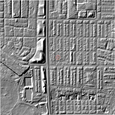 Shaded relief map of the ground around M144RQ, computed from Environment Agency LiDAR. The ground here sits at about 32 m above sea level and falls 6 m across the surrounding 800 m. Surface water reaching this point runs off ground lying to the north-east, 3.7 m higher.