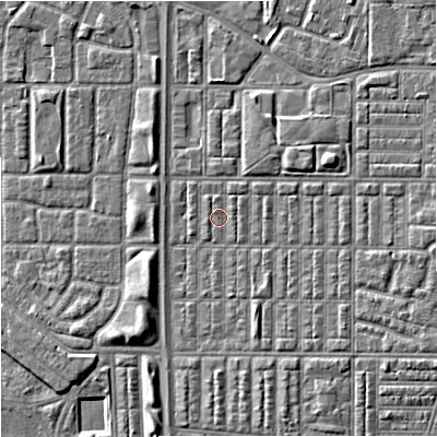 Shaded relief map of the ground around M144SB, computed from Environment Agency LiDAR. The ground here sits at about 33 m above sea level and falls 5 m across the surrounding 800 m. Surface water reaching this point runs off ground lying to the north-east, 0.7 m higher.