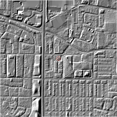 Shaded relief map of the ground around M144SU, computed from Environment Agency LiDAR. The ground here sits at about 33 m above sea level and falls 6 m across the surrounding 800 m. Surface water reaching this point runs off ground lying to the south-east, 2.4 m higher.