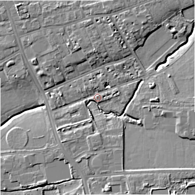 Shaded relief map of the ground around M145JE, computed from Environment Agency LiDAR. The ground here sits at about 39 m above sea level and falls 12 m across the surrounding 800 m. Surface water reaching this point runs off ground lying to the east, 8.4 m higher.