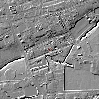 Shaded relief map of the ground around M145JG, computed from Environment Agency LiDAR. The ground here sits at about 39 m above sea level and falls 11 m across the surrounding 800 m. Surface water reaching this point runs off ground lying to the east-south-east, 8.0 m higher.