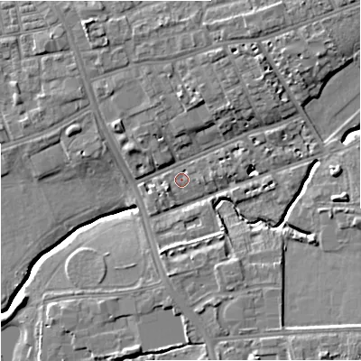 Shaded relief map of the ground around M145JP, computed from Environment Agency LiDAR. The ground here sits at about 38 m above sea level and falls 11 m across the surrounding 800 m. Surface water reaching this point runs off ground lying to the south-east, 8.3 m higher.