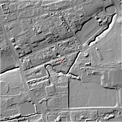 Shaded relief map of the ground around M145JR, computed from Environment Agency LiDAR. The ground here sits at about 39 m above sea level and falls 11 m across the surrounding 800 m. Surface water reaching this point runs off ground lying to the east, 9.2 m higher.