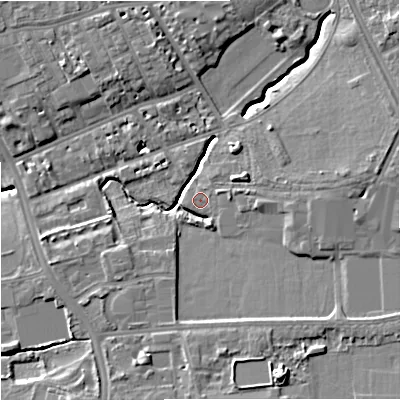 Shaded relief map of the ground around M145JS, computed from Environment Agency LiDAR. The ground here sits at about 40 m above sea level and falls 14 m across the surrounding 800 m. Surface water reaching this point runs off ground lying to the east, 1.7 m higher.