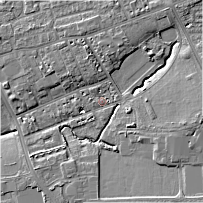 Shaded relief map of the ground around M145JT, computed from Environment Agency LiDAR. The ground here sits at about 40 m above sea level and falls 11 m across the surrounding 800 m. Surface water reaching this point runs off ground lying to the east, 8.3 m higher.