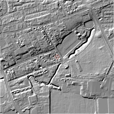 Shaded relief map of the ground around M145JU, computed from Environment Agency LiDAR. The ground here sits at about 40 m above sea level and falls 11 m across the surrounding 800 m. Surface water reaching this point runs off ground lying to the east-south-east, 8.5 m higher.