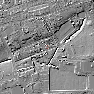 Shaded relief map of the ground around M145LB, computed from Environment Agency LiDAR. The ground here sits at about 39 m above sea level and falls 11 m across the surrounding 800 m. Surface water reaching this point runs off ground lying to the east, 8.3 m higher.