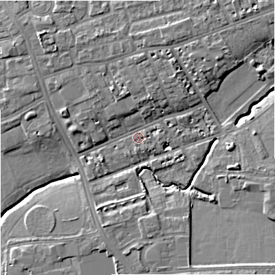Shaded relief map of the ground around M145LE, computed from Environment Agency LiDAR. The ground here sits at about 39 m above sea level and falls 11 m across the surrounding 800 m. Surface water reaching this point runs off ground lying to the north-north-east, 4.5 m higher.