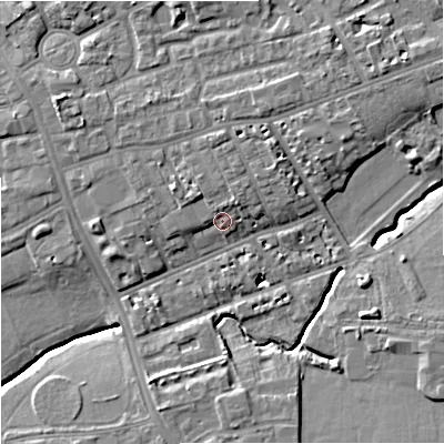 Shaded relief map of the ground around M145LF, computed from Environment Agency LiDAR. The ground here sits at about 40 m above sea level and falls 11 m across the surrounding 800 m. Surface water reaching this point runs off ground lying to the north-west, 3.1 m higher.