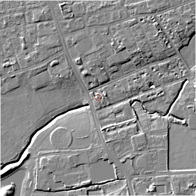 Shaded relief map of the ground around M145YT, computed from Environment Agency LiDAR. The ground here sits at about 39 m above sea level and falls 12 m across the surrounding 800 m. Surface water reaching this point runs off ground lying to the west-south-west, 1.5 m higher.