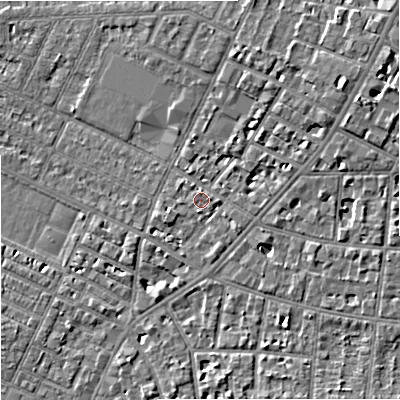 Shaded relief map of the ground around M146AQ, computed from Environment Agency LiDAR. The ground here sits at about 36 m above sea level and falls 7 m across the surrounding 800 m. Surface water reaching this point runs off ground lying to the east-north-east, 1.9 m higher.