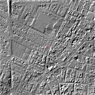 Shaded relief map of the ground around M146AR, computed from Environment Agency LiDAR. The ground here sits at about 35 m above sea level and falls 6 m across the surrounding 800 m. Surface water reaching this point runs off ground lying to the east-north-east, 5.3 m higher.