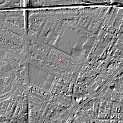 Shaded relief map of the ground around M146AS, computed from Environment Agency LiDAR. The ground here sits at about 35 m above sea level and falls 7 m across the surrounding 800 m. Surface water reaching this point runs off ground lying to the north-east, 4.4 m higher.