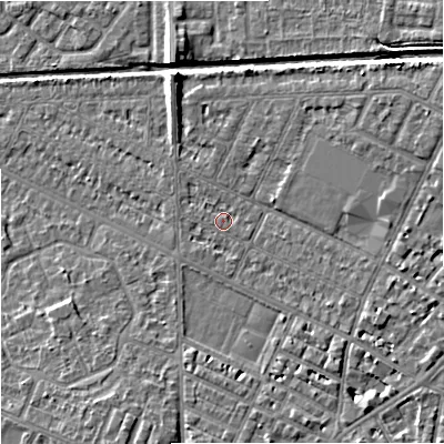 Shaded relief map of the ground around M146AT, computed from Environment Agency LiDAR. The ground here sits at about 34 m above sea level and falls 6 m across the surrounding 800 m. Surface water reaching this point runs off ground lying to the east-north-east, 3.9 m higher.
