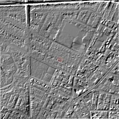 Shaded relief map of the ground around M146AU, computed from Environment Agency LiDAR. The ground here sits at about 34 m above sea level and falls 7 m across the surrounding 800 m. Surface water reaching this point runs off ground lying to the north-east, 4.4 m higher.
