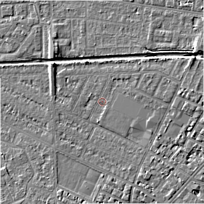 Shaded relief map of the ground around M146BG, computed from Environment Agency LiDAR. The ground here sits at about 35 m above sea level and falls 7 m across the surrounding 800 m. Surface water reaching this point runs off ground lying to the east-north-east, 3.4 m higher.