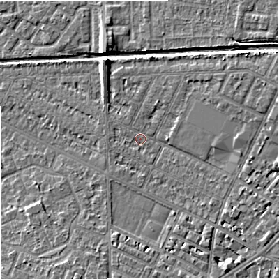 Shaded relief map of the ground around M146BP, computed from Environment Agency LiDAR. The ground here sits at about 34 m above sea level and falls 6 m across the surrounding 800 m. Surface water reaching this point runs off ground lying to the east-north-east, 4.2 m higher.