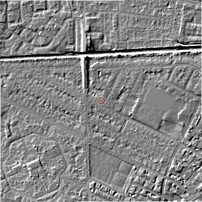 Shaded relief map of the ground around M146BQ, computed from Environment Agency LiDAR. The ground here sits at about 34 m above sea level and falls 6 m across the surrounding 800 m. Surface water reaching this point runs off ground lying to the north-east, 1.7 m higher.