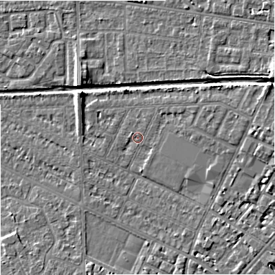 Shaded relief map of the ground around M146BR, computed from Environment Agency LiDAR. The ground here sits at about 35 m above sea level and falls 7 m across the surrounding 800 m. Surface water reaching this point runs off ground lying to the east, 3.0 m higher.