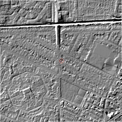 Shaded relief map of the ground around M146BS, computed from Environment Agency LiDAR. The ground here sits at about 34 m above sea level and falls 6 m across the surrounding 800 m. Surface water reaching this point runs off ground lying to the east-north-east, 3.5 m higher.