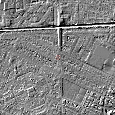 Shaded relief map of the ground around M146BT, computed from Environment Agency LiDAR. The ground here sits at about 34 m above sea level and falls 6 m across the surrounding 800 m. Surface water reaching this point runs off ground lying to the north, 0.5 m higher.