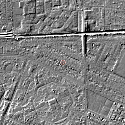 Shaded relief map of the ground around M146BU, computed from Environment Agency LiDAR. The ground here sits at about 33 m above sea level and falls 8 m across the surrounding 800 m. Surface water reaching this point runs off ground lying to the east-south-east, 0.5 m higher.