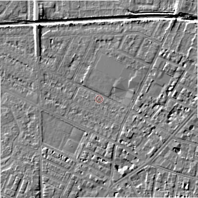 Shaded relief map of the ground around M146BW, computed from Environment Agency LiDAR. The ground here sits at about 34 m above sea level and falls 7 m across the surrounding 800 m. Surface water reaching this point runs off ground lying to the north-east, 3.4 m higher.