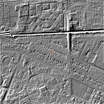 Shaded relief map of the ground around M146BX, computed from Environment Agency LiDAR. The ground here sits at about 33 m above sea level and falls 8 m across the surrounding 800 m. Surface water reaching this point runs off ground lying to the east-south-east, 1.3 m higher.