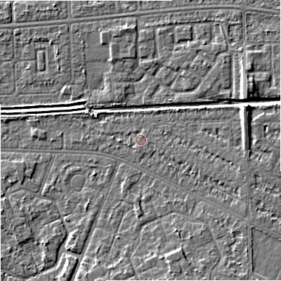 Shaded relief map of the ground around M146BY, computed from Environment Agency LiDAR. The ground here sits at about 33 m above sea level and falls 8 m across the surrounding 800 m. Surface water reaching this point runs off ground lying to the east-south-east, 1.9 m higher.