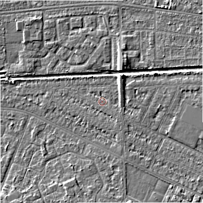 Shaded relief map of the ground around M146BZ, computed from Environment Agency LiDAR. The ground here sits at about 34 m above sea level and falls 7 m across the surrounding 800 m. Surface water reaching this point runs off ground lying to the south-east, 0.8 m higher.