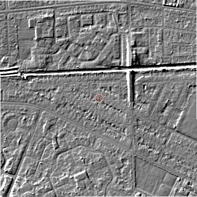 Shaded relief map of the ground around M146DA, computed from Environment Agency LiDAR. The ground here sits at about 33 m above sea level and falls 8 m across the surrounding 800 m. Surface water reaching this point runs off ground lying to the east-south-east, 1.3 m higher.