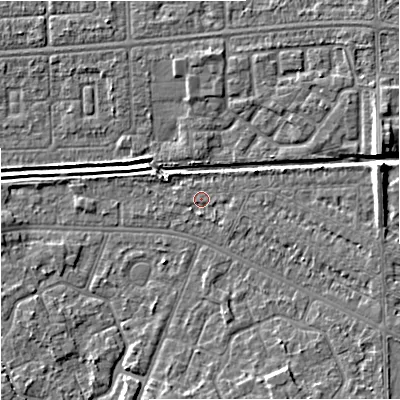 Shaded relief map of the ground around M146DB, computed from Environment Agency LiDAR. The ground here sits at about 32 m above sea level and falls 8 m across the surrounding 800 m. Surface water reaching this point runs off ground lying to the east-south-east, 2.1 m higher.