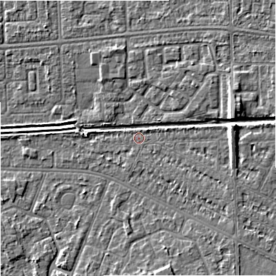 Shaded relief map of the ground around M146DD, computed from Environment Agency LiDAR. The ground here sits at about 33 m above sea level and falls 8 m across the surrounding 800 m. Surface water reaching this point runs off ground lying to the east, 5.1 m higher.