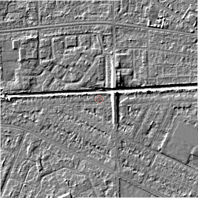 Shaded relief map of the ground around M146DE, computed from Environment Agency LiDAR. The ground here sits at about 33 m above sea level and falls 7 m across the surrounding 800 m. Surface water reaching this point runs off ground lying to the east-north-east, 4.2 m higher.