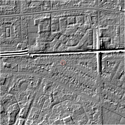 Shaded relief map of the ground around M146DG, computed from Environment Agency LiDAR. The ground here sits at about 33 m above sea level and falls 8 m across the surrounding 800 m. Surface water reaching this point runs off ground lying to the east-north-east, 4.9 m higher.
