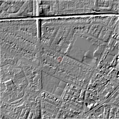 Shaded relief map of the ground around M146DJ, computed from Environment Agency LiDAR. The ground here sits at about 34 m above sea level and falls 6 m across the surrounding 800 m. Surface water reaching this point runs off ground lying to the east-north-east, 4.6 m higher.